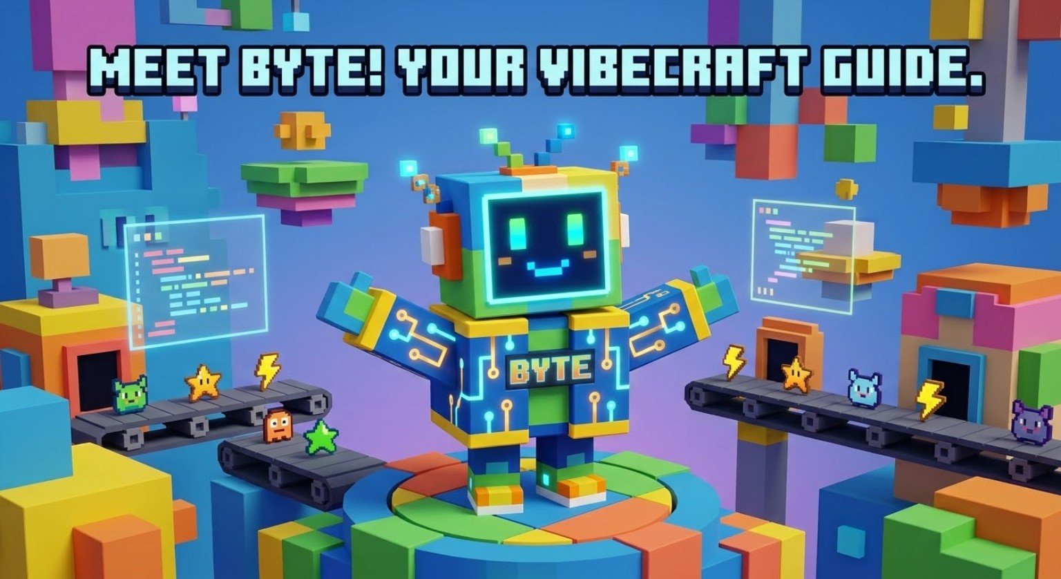 Byte, a smiling voxel robot with a glowing screen face, surrounded by colorful blocks and game conveyor belts